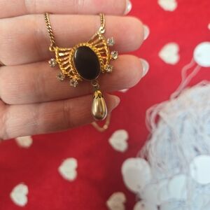 Vintage 1950s Elegant Gold Filled Black Pendant Faux Pearl Necklace